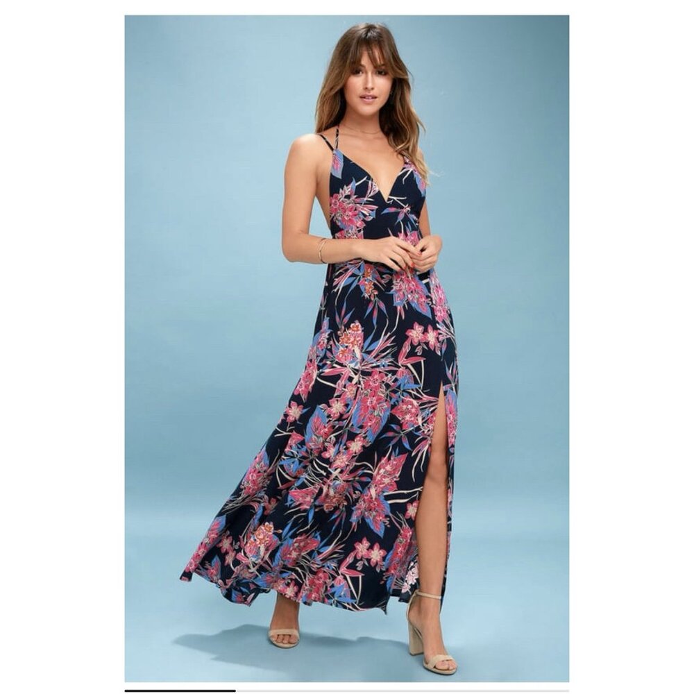 Lulu's Tropic of the Day Navy Blue Floral Print Maxi Dress Size Medium